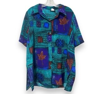 Vintage Caribou Teal Leaf Short Sleeve Button Down Top Women’s Plus Size 1X
